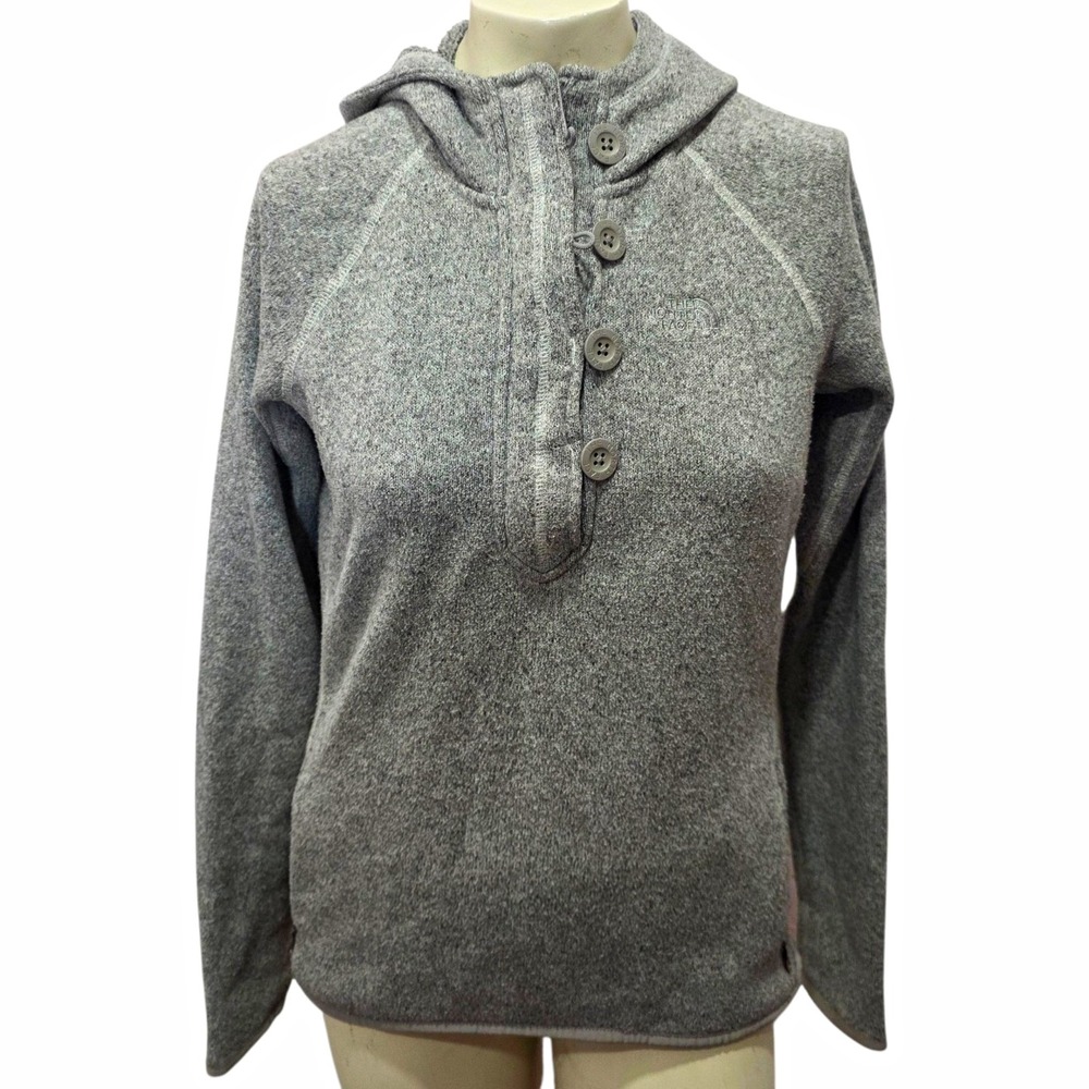 The North Face Womens S Gray Fleece Hooded Button Pullover Sweater Knit Outdoors